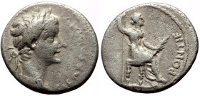 Tiberius (14-37) AR Denarius (Silver, 18mm, 3.62g) Lugdunum. 
Obv: TI CAESAR DIVI AVG F AVGVSTVS Laureate head of Tiberius right. 
Rev: PONTIF MAXIM L...