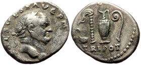 Vespasian (69-79) AR Denarius (Silver, 3.32g, 18mm) Rome, 72-73 
Obv: IMP CAES VES-P AVG PM COS IIII Laureate head right 
Rev: AVGVR - TRIPOT emblems ...