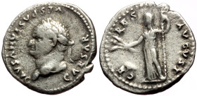 Vespasian (69-79) AR denarius (Silver, 18mm, 3.21g) Rome, 77-78. 
Obv: CAESAR-VESPASIANVS AVG, laureate head of Vespasian left 
Rev: CE-RES-AVGVST, Ce...
