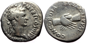 Nerva (96-98) AR Denarius (Silver, 17mm, 2.80g) Rome, 97. 
Obv: IMP NERVA CAES AVG P M TR P COS III P P, laureate head right 
Rev: CONCORDIA EXERCITVV...