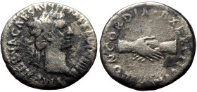 Nerva (96-98) AR Denarius (Silver, 2.98g, 18mm) Rome, 97. 
Obv: IMP NERVA CAES AVG P M TR P COS III P P, laureate head right 
Rev: CONCORDIA EXERCITVV...