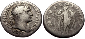 Trajan (98-117) AR Denarius (Silver, 17mm, 2,58g) Rome 
Obv: IMP CAES NERVA TRAIAN AVG GERM, laureate head right, slight drapery on far shoulder 
Rev:...