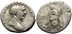 Trajan (98-117) AR Denarius (Silver, 19mm, 3.00g) "Dacia Captive" commemorative. Rome, 107-108. 
Obv: IMP TRAIANO AVG GER DAC P M TR P, laureate and s...