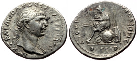 Trajan (98-117) AR Denarius (Silver, 3.08g, 19mm). "Dacia Captive" commemorative. Rome, 107-108. 
Obv: IMP TRAIANO AVG GER DAC P M TR P, laureate and ...