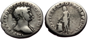 Trajan (98-117) AR Denarius (Silver, 3.09g, 20mm) Rome, 103-111. 
Obv: IMP TRAIANO AVG GER DAC P M TR P, laureate head to right, slight drapery on far...
