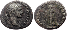Trajan (98-117) AR denarius (18mm, 2.96g) Rome, 103-111. 
Obv: IMP TRAIANO AVG GER DAC P M TR P, laureate head of Trajan right, drapery on left should...