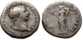 Trajan (98-117) AR denarius (Silver, 2.80g, 19mm) Rome
Obv: IMP TRAIANO AVG GER DAC P M TR P, laureate head right, with slight drapery on far shoulde...