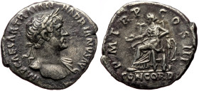 Hadrian (117-138) AR Denarius (Silver, 3.19g, 18mm) Rome, 119-122 
Obv: IMP CAESAR TRAIAN HADRIANVS AVG, Laureate, draped bust r. 
Rev: P M TR P C – O...