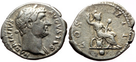Hadrian (117-138) AR Denarius (Silver, 3.33g, 17mm) Rome, 128 
Obv: HADRIANVS - AVGVSTVS P P, Head laureate r. 
Rev: COS - III Roma or Virtus seated r...