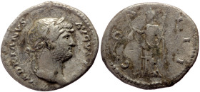 Hadrian (117-138) AR Denarius (Silver, 3.13g, 19mm) 125-128
Obv: HADRIANVS – AVGVSTVS Laureate head r., with drapery on l. shoulder. 
Rev. COS – III L...
