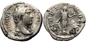 Hadrian (117-138) AR Denarius (Silver, 2.64g, 19mm) Rome, 136
Obv: HADRIANVS – AVG COS III P P, Bare head r. 
Rev: FIDES – PVBLICA Fides standing r., ...