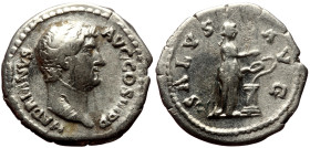 Hadrian (117-138) AR denarius (Silver, 19mm, 3.17g) Rome, ca. 134-138. 
Obv: HADRIANVS AVG COS III P P, bare head of Hadrian right 
Rev: SALVS AVG, Sa...