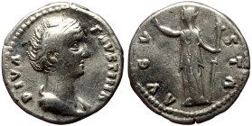 Diva Faustina I (died 140/1) AR Denarius (Silver, 18mm, 3.21g) Rome. 
Obv: DIVA FAVSTINA Diademed and draped bust of Diva Faustina to right. 
Rev: AVG...