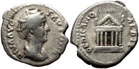 Diva Faustina I (Died 140/1) AR Denarius (Silver, 17mm, 3.35g) Rome, Struck under Antoninus Pius, 141-161. 
Obv: DIVA AVG FAVSTINA, Draped bust right ...