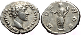 Marcus Aurelius (Caesar, 137-161) AR Denarius (Silver, 3.00g, 18mm) Rome, 140-144. 
Obv: AVRELIVS CAESAR AVG PII F COS, bare head to right 
Rev: HONOS...