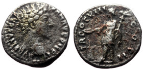Marcus Aurelius (Caesar, 139-161) AR Denarius (Silver, 17mm, 3.14g) Rome, 153-154. 
Obv: AVRELIVS CAESAR AVG PII F Bare head of Marcus Aurelius to rig...