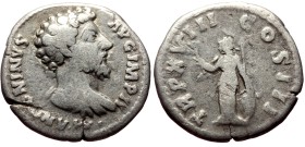 Marcus Aurelius (161-180) AR Denarius (Silver, 3.68g, 17mm) Rome, 164.
Obv: M ANTONINVS AVG IMP II, bare head right
Rev: TRP XVIII COS III, Minerva ...