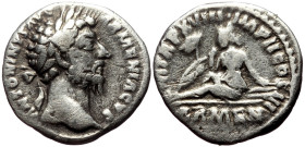 Marcus Aurelius (161-180) AR denarius (Silver, 18mm, 2.66g) Rome, 163-164. 
Obv: ANTONINVS AVG ARMENIACVS, laureate head of Marcus right 
Rev: P M TR ...