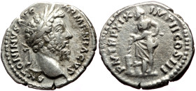 Marcus Aurelius (161-180) AR Denarius (Silver, 17mm, 3.18) Rome, 164-165. 
Obv: ANTONINVS AVG ARMENIACVS, Laureate head of Marcus Aurelius to right. 
...