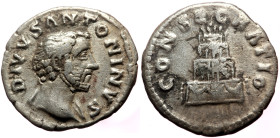 Divus Antoninus Pius. (Died 161) AR Denarius (Silver, 17mm, 3.10g) Consecration issue. Rome Struck under Marcus Aurelius, 161. 
Obv: DIVVS ΛNTONINVS, ...
