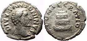 Divus Antoninus Pius, (died 161.) Rome, struck under Marcus Aurelius.
AR Denarius (Silver, 18mm, 2.65g)
Obv:DIVVS ANTONINVS Bare head of Divus Antonin...