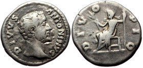 Divus Antoninus Pius (Died 161) AR Denarius (Silver, 2.98g, 18mm) Rome, 162
Obv: DIVVS ANTONINVS, Bare head right.
Rev: DIVO PIO, Divus Antoninus Pius...