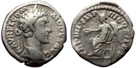 Commodus (177-192) AR denarius (Silver, 2.30g, 19mm) Rome, 179. 
Obv: L AVREL CO-MMODVS AVG, laureate head of Commodus right 
Rev: TR P IIII IMP-III-C...
