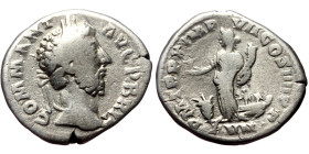 Commodus (177-192) AR Denarius (Silver, 3.16g, 19mm) Rome
Obv: COMM ANT AVG P BRIT, laureate head right 
Rev: PM TR P X IMP VII COS IIII PP, Annona st...