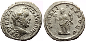 Geta (209-211) AR Denarius (Silver, 19mm, 2.80g) Rome, 211. 
Obv: P SEPT GETA PIVS AVG BRIT, laureate head right 
Rev: LIBERALI TAS AVG V, Liberalitas...