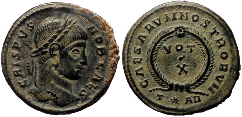 Crispus (Caesar, 316-326) AE Follis (Bronze, 20mm, 2.65g) Arelate, 324-325. 
Obv...