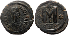 Anastasius I AE Follis (Bronze, 34mm, 17.77g) Constantinopolis,
498-518.
Obv. D N ANASTA-SIVS PP AVG, pearl-diademed, draped and cuirassed bustto righ...