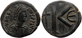 Anastasius I (491-518) AE Half Follis (Bronze, 25mm, 9.11g) Constantinople. 
Obv: D N ANASTASIVS P P AVG, Pearl-diademed, draped and cuirassed bust of...