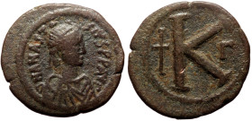 Anastasius I (491-518) AE Half Follis (Bronze, 29mm, 12.28g) Antioch.
Obv: DN ANASTASIV PP, Diademed, draped and cuirassed bust right.
Rev: Large K; t...