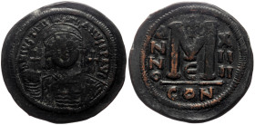 Justinian I (527-565) AE Follis (Bronze, 39mm, 23.59g) Constantinople 
Obv: D N IVSTINI-ANVS P P AVC Diademed, helmeted and cuirassed bust of Justinia...