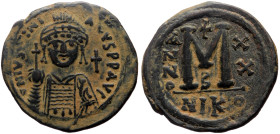 Justinian I (527-565) AE Follis (Bronze, 36 mm, 19.15g) Nicomedia.
Obv: D N IVSTINIANVS P PAVG, Helmeted and cuirassed facing bust, holding globus cru...