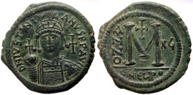 Justinianus I (527-565) AE Follis (Bronze, 40mm, 23.04g) Antioch, 542-543 
Obv: D N IVSTINIANVS P P AVG. Helmeted Bust facing, holding cruciger and sh...