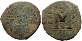 Justinian I (527-565) AE follis (Bronze, 18.03g, 36mm) Antioch as Theoupolis, 
Obv: Justinian bust facing 
Rev: Large M, officina letter B below, ANNO...