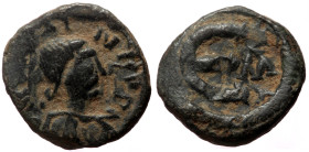 Justinian I (527-565) AE Pentanummium (Bronze, 12mm, 1.93g) Antioch, 542-546 (double striked) 
Obv: Diademed and draped bust right 
Rev: Large E with ...