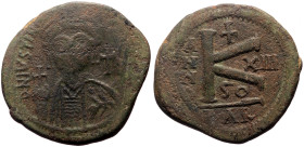 Justinian I (527-565) AE Half Follis (Bronze, 30mm, 13.56g) Carthage 
Obv: Helmeted and cuirassed bust facing, holding globus cruciger, shield on left...