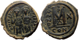 Justin II and Sophia (565-578) AE follis (Bronze, 30mm, 16.18g) Constantinople, dated year 10 = 574/575. 
Obv: D N IVSTINVS PP AV, Justin II and Sophi...