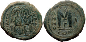 Justin II and Sophia (565-578) AE Follis (Bronze, 30mm, 12,63g) Constantinople 
Obv: D N VSTINVS P P AV, Justin left and Sophia right, seated facing o...