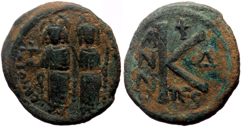 Justin II with Sophia (565-578) AE Half Follis, Thessalonica (Bronze, 21mm, 7.72...