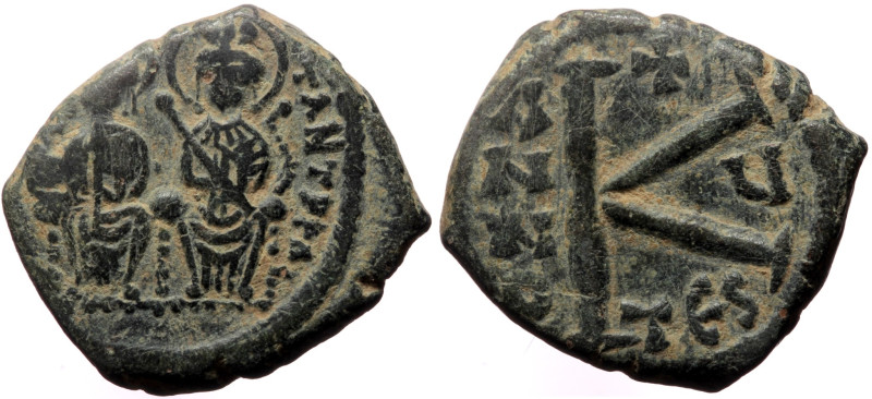 Justin II, with Sophia (565-578) AE Half Follis (Bronze, 19mm, 5.51g) Thessaloni...