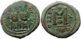 Justin II and Sophia (565-578) AE Follis (Bronze, 30mm, 15.09g) Nicomedia, RY 10 = 574/5. 
Obv: D N IVSTINVS P P AVC Justin II, holding globus crucige...