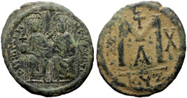 Justin II (565-578) AE Follis (Bronze, 30mm, 9.92g) Cyzicus 565/6. 
Obv: D N IVSTINVS P P AVG, Justin on left, Sophia on right, seated facing on doubl...