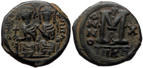 Justin II with Sophia (565-578) AE Follis (Bronze, 28mm, 11.85g) Nicomedia, Dated RY 10 (AD 574/5). 
Obv: Justin, holding globus cruciger, and Sophia,...