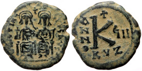 Justin II and Sophia (565-578) AE Half Follis (Bronze, 5.97g, 23mm) Cyzicus
Obv: D N IVSTINVS P P AVG, Justin and Sophia seated facing on double thron...