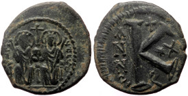 *Rare variant*
Justin II and Sophia, AE Half-follis, Antioch. 
Obv: Justin left and Sophia right, seated facing on double-throne, both nimbate, each h...