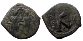 Justin II with Sophia (565-578) Theoupolis (Antioch) Half follis AE (Bronze, 25mm, 6.27g)
Obv: Justin, on left, and Sophia, on right, seated facing o...