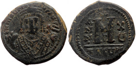 Maurice Tiberius (582-602) AE Follis (Bronze, 26mm, 11.09g) Antioch 
Obv: d N MAVP-ICN PAM, crowned bust facing, holding mappa and eagle-tipped sceptr...